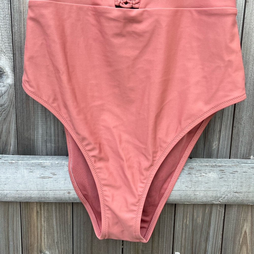 Aerie Halter Neck One Piece Suit with Cute Crochet Woven Detail Down the Front - Picture 2 of 4